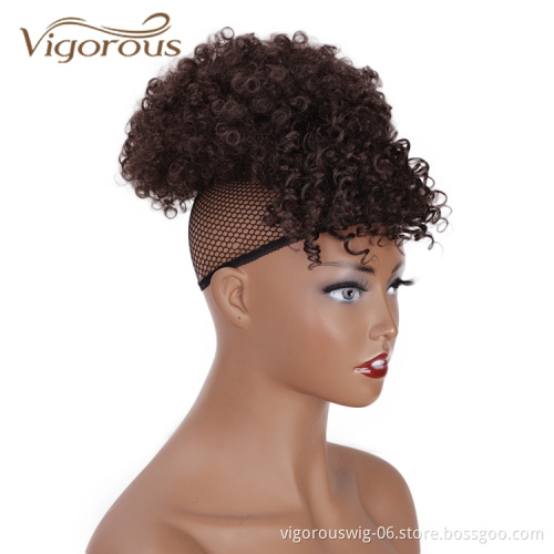 Vigorous Cheap Price Short Ponytail With Bang Kinky Curly Fluffy Updo Hair Extension For Black Women Synthetic Afro Hair Bun